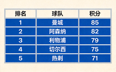 球队积分排名榜单展示 - 表格形式